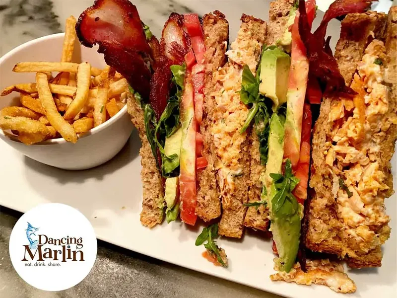 Club sandwich and fries at Dancing Marlin