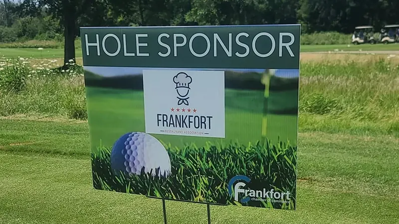 Frankfort Restaurant Association hole sponsor sign on a golf course